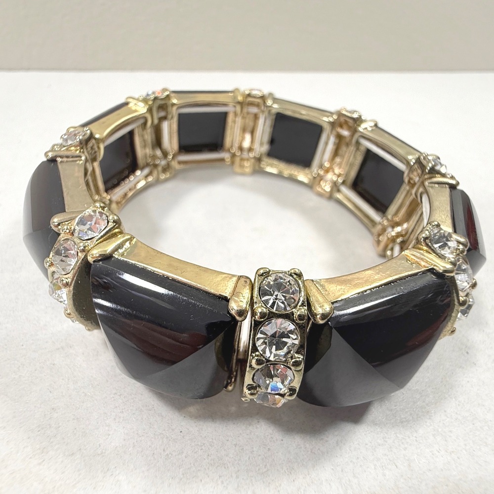 Chunky Stretch Bracelet Women Black Gold Tone Rhinestone Bold Statement Jewelry - Picture 5 of 11
